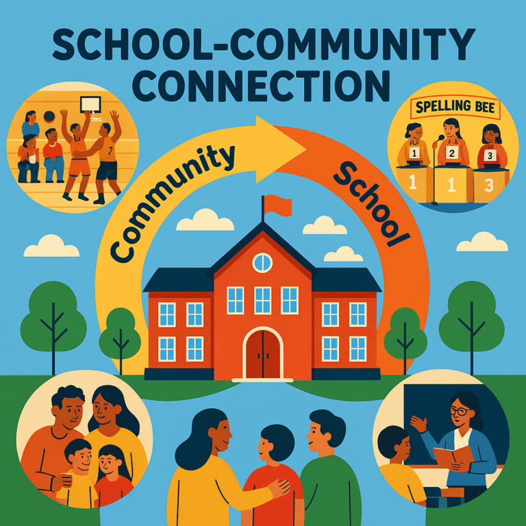 Illustration of a school with arrows connecting it to community scenes: students playing basketball, a spelling bee, families interacting, and a teacher helping students, symbolizing strong school-community connections.