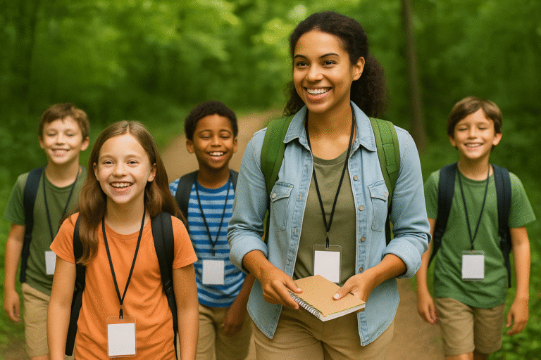 A smiling adult and four children with backpacks and name tags walk along a forest trail. The group appears happy and engaged, surrounded by lush green trees. The adult holds a notebook.
