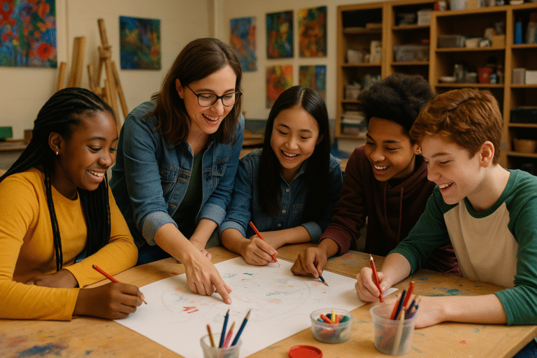A teacher and four diverse students smile and draw together at a table in an art classroom, surrounded by colorful paintings and art supplies.