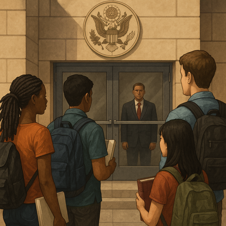 Four students with backpacks stand outside a government building, holding books, facing a man in a suit who stands inside behind glass doors, under a large official government seal above the entrance.