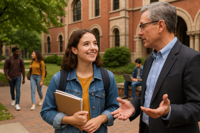 A student holding notebooks and wearing a backpack smiles while talking to an older man in a suit on a college campus. Other students walk and sit on benches near a brick academic building in the background.