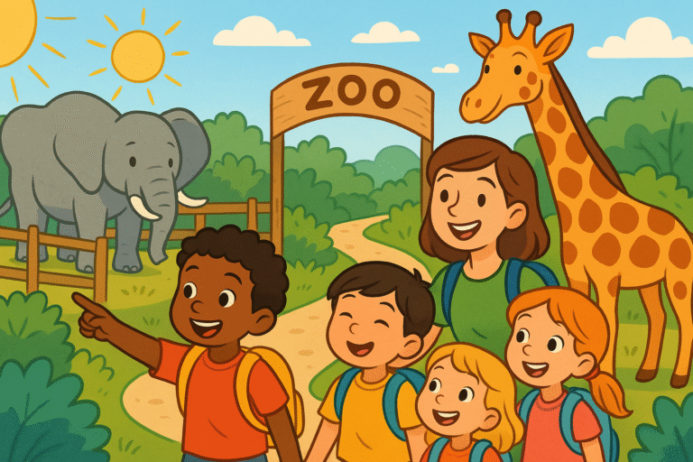 A group of smiling children and an adult stand near a zoo entrance sign, looking at an elephant and a giraffe under a sunny sky with green trees in the background.