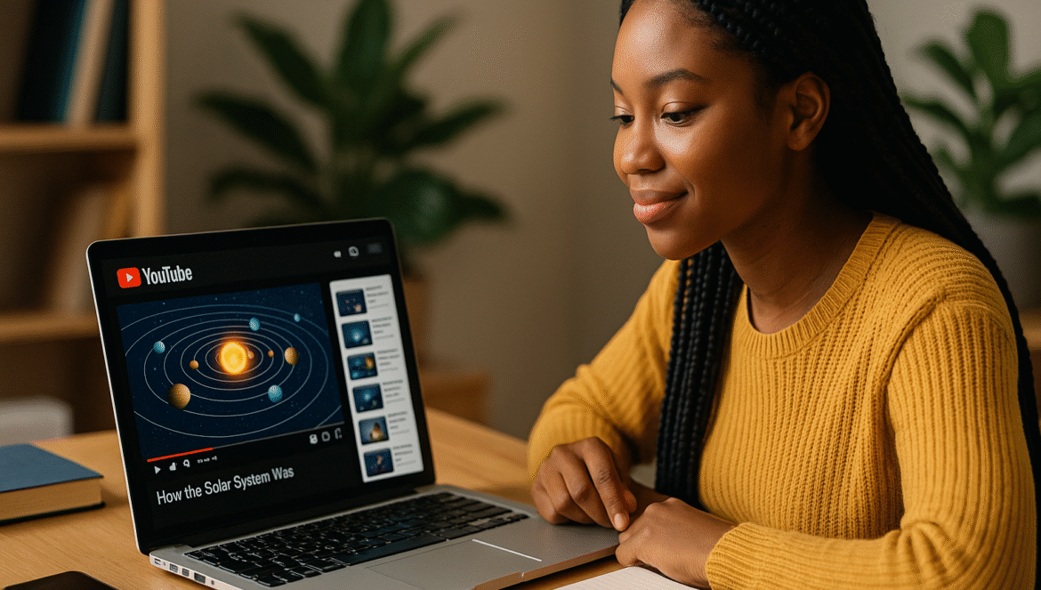 A young woman in a yellow sweater sits at a desk, watching a YouTube video titled How the Solar System Was on her laptop. The screen shows a diagram of the solar system. A notebook and pen are on the desk.