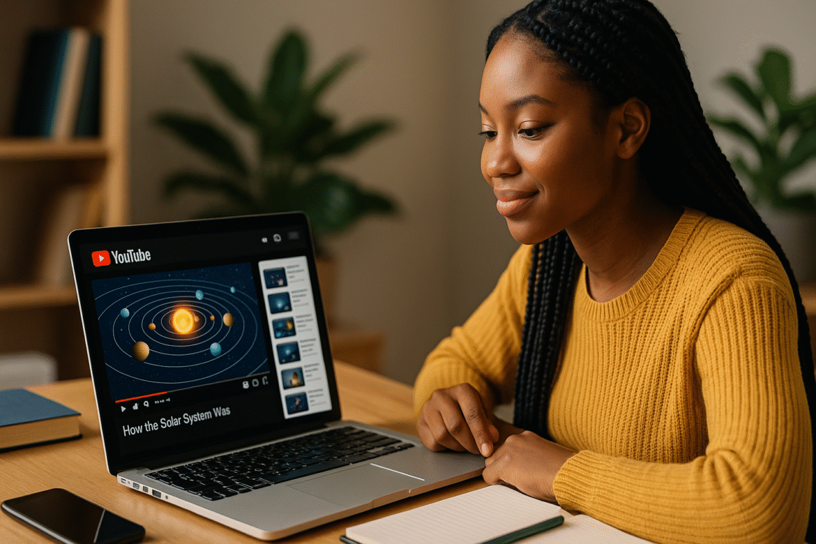 A young woman in a yellow sweater sits at a desk, watching a YouTube video titled How the Solar System Was on her laptop. The screen shows a diagram of the solar system. A notebook and pen are on the desk.