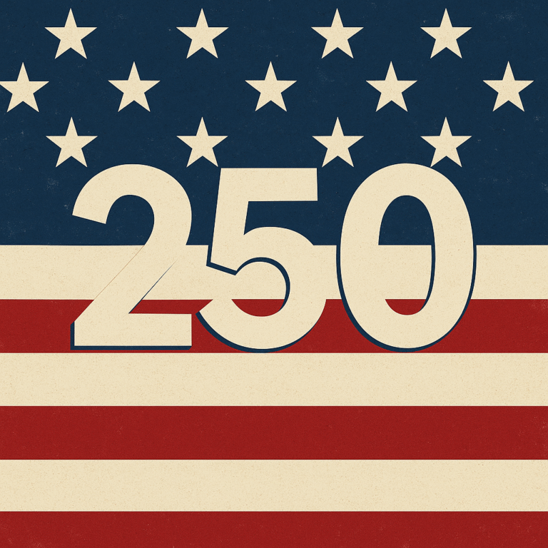 The image shows the number 250 in large, bold text overlaid on a background of the American flag with stars at the top and red and white stripes below.
