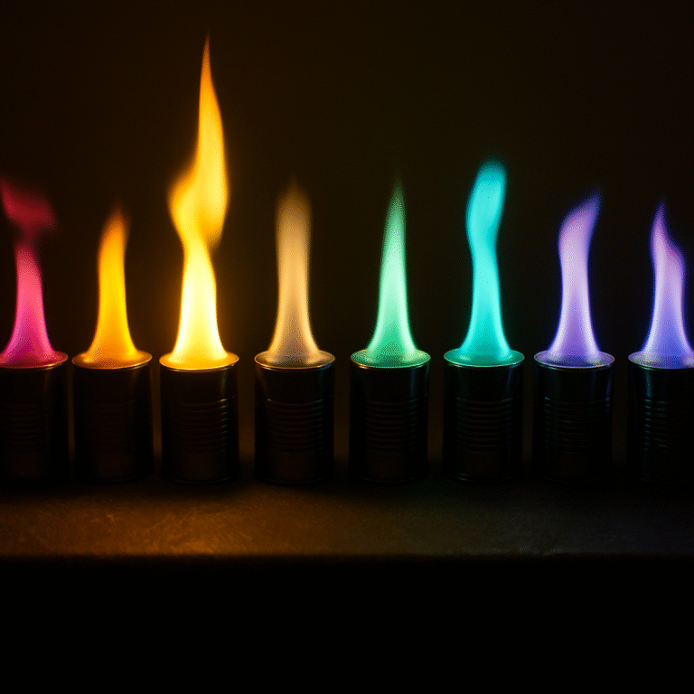 Eight small metal containers display flames in a row, each burning a different color: red, orange, yellow, green, blue, and purple, against a dark background.