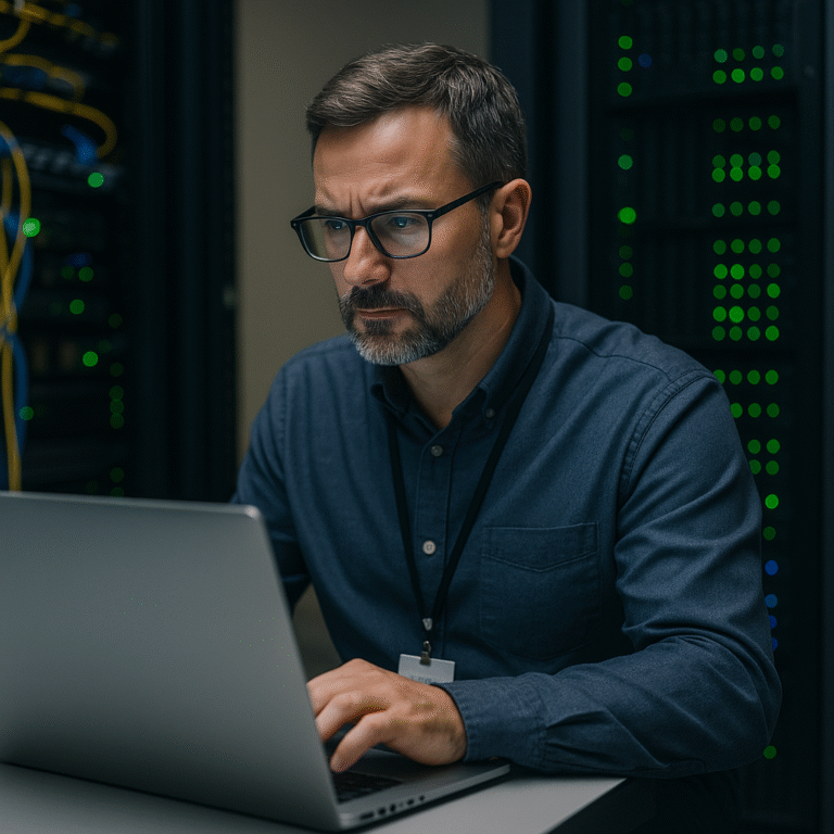 A man with glasses and a beard is working intently on a laptop in a server room, surrounded by computer servers with green indicator lights and network cables.