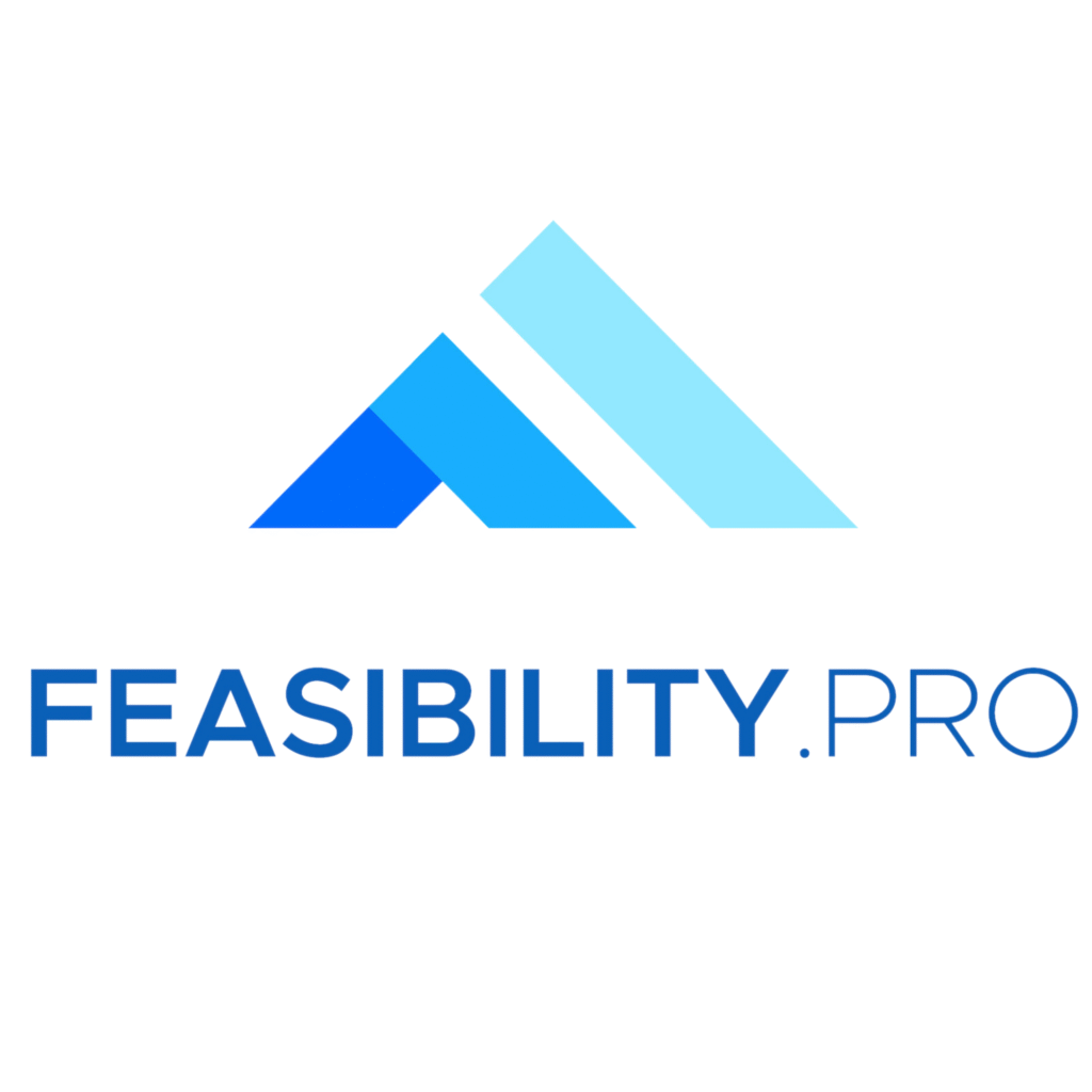 Logo with three overlapping blue geometric shapes forming a stylized triangle above the text FEASIBILITYPRO in bold blue and light blue capital letters on a white background | edCircuit Logo with three overlapping blue geometric shapes forming a stylized triangle above the text FEASIBILITYPRO in bold blue and light blue capital letters on a white background