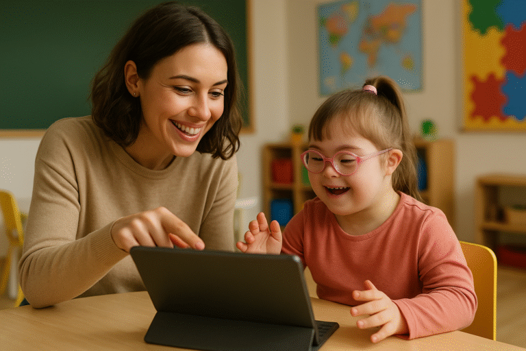 A woman and a young girl with Down syndrome sit at a table, smiling and interacting with a tablet in a brightly lit classroom with educational posters and a world map on the walls.