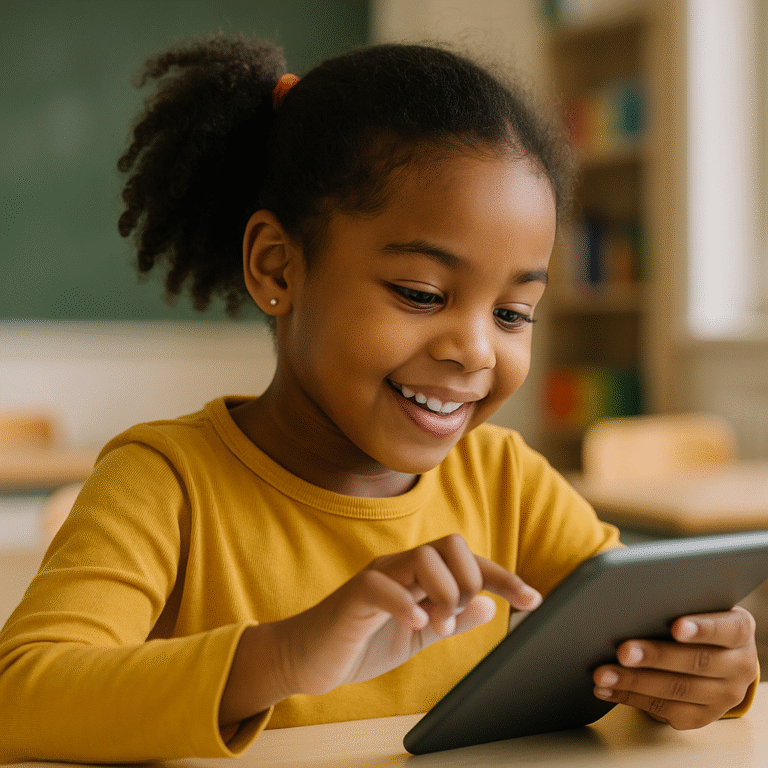 A young girl with curly hair in a yellow shirt smiles as she uses a tablet in a classroom with a chalkboard and bookshelves