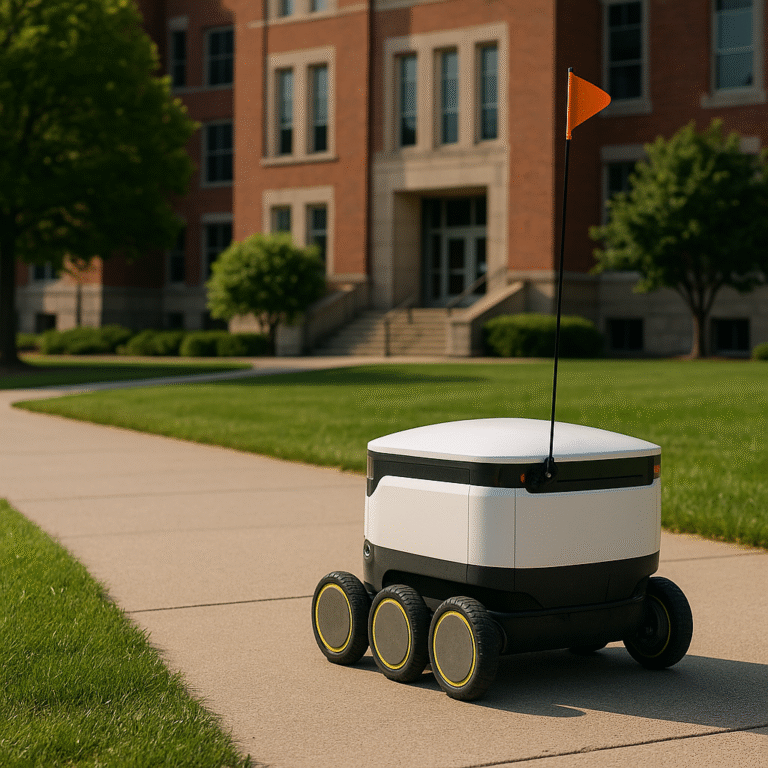 A small white delivery robot with six wheels and an orange flag moves along a sidewalk on a college campus, with a brick building and green lawns in the background.