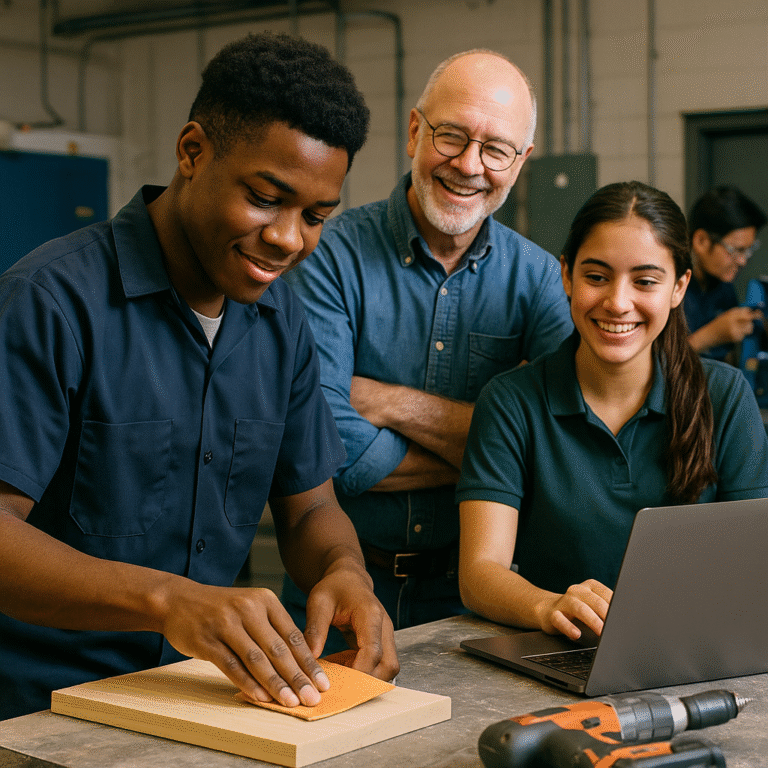 A young man sands a wooden board while an older man and a young woman, both smiling, watch him. The young woman has a laptop, and tools are on the table in a workshop setting.