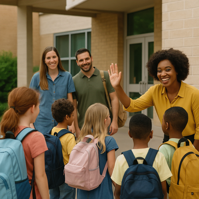 A smiling teacher waves to a group of elementary school children with backpacks, while two other adults stand nearby, all outside a school building. The children appear happy and ready for school.