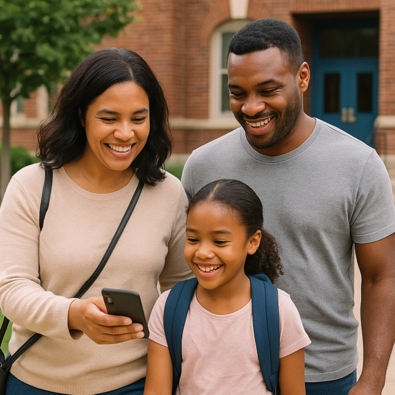 A smiling family of three, including a woman, man, and young girl with a backpack, stands outside a brick building. The woman is showing something on her phone to the others, and they all look happy and engaged.