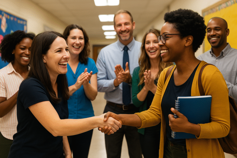 Two women smile and shake hands in a school hallway while colleagues around them clap to welcome a new teacher