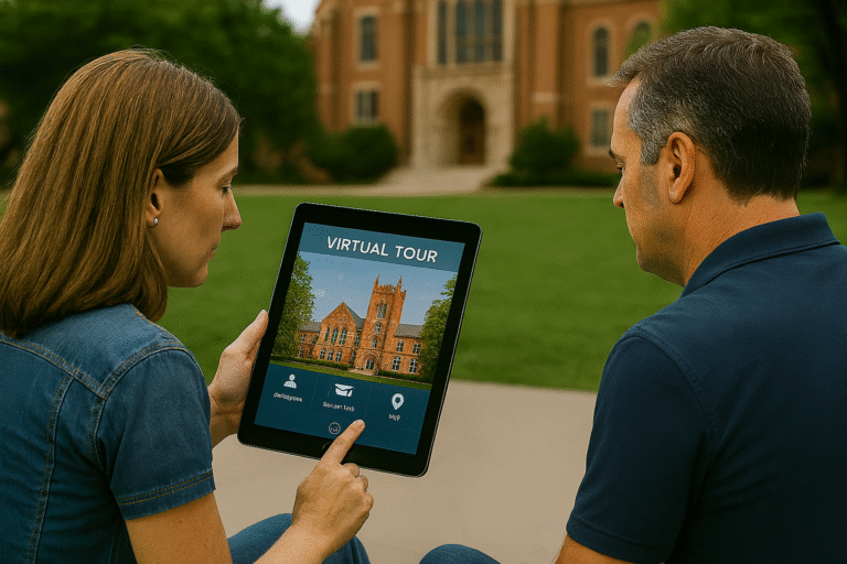 Two people sit outdoors on a lawn, looking at a tablet displaying a virtual tour of a university building. The tablet screen shows a photo of the building and tour options. A large brick building appears in the background.