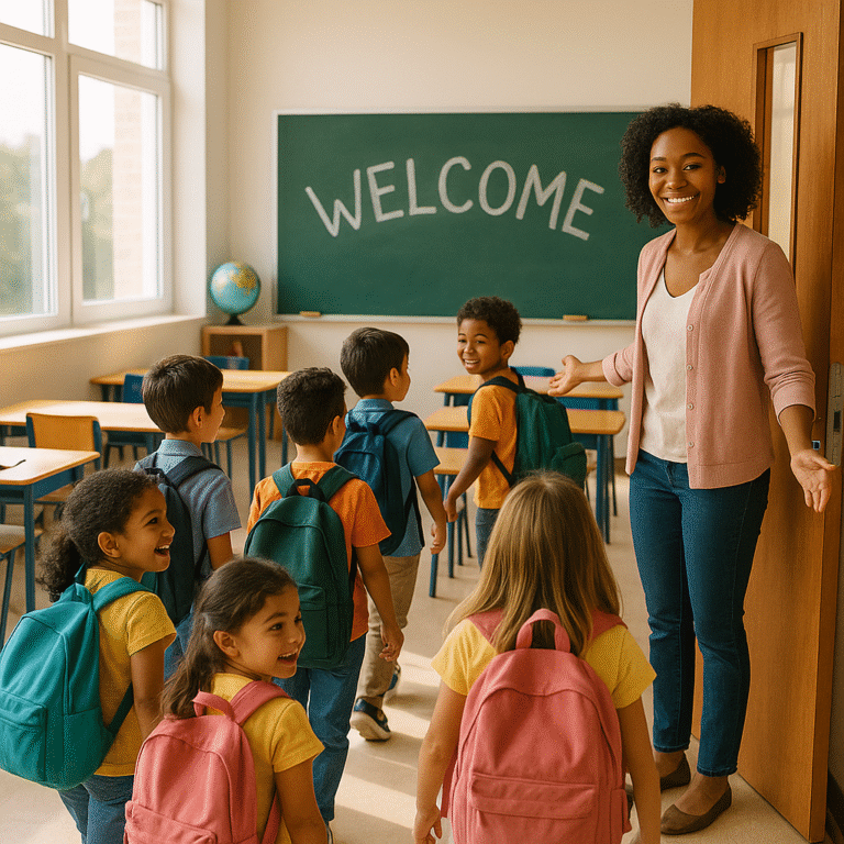 A smiling teacher stands at a classroom door, welcoming a group of young children with backpacks. The classroom has a WELCOME sign on the chalkboard and desks arranged neatly inside.