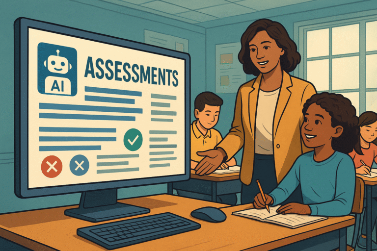 A teacher assists a student in a classroom, pointing at a computer screen displaying AI Assessments with icons and check marks. Other students are working at desks in the background.