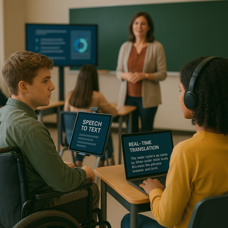 Two students in a classroom use accessibility devices: one has a tablet displaying “Speech to Text,” and the other wears headphones with a screen showing “Real-Time Translation.” A teacher stands in front of the class.