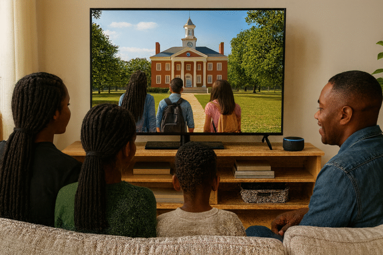 A family of four sits on a couch watching a TV showing four students walking toward a brick school building with a white clock tower on a sunny day.
