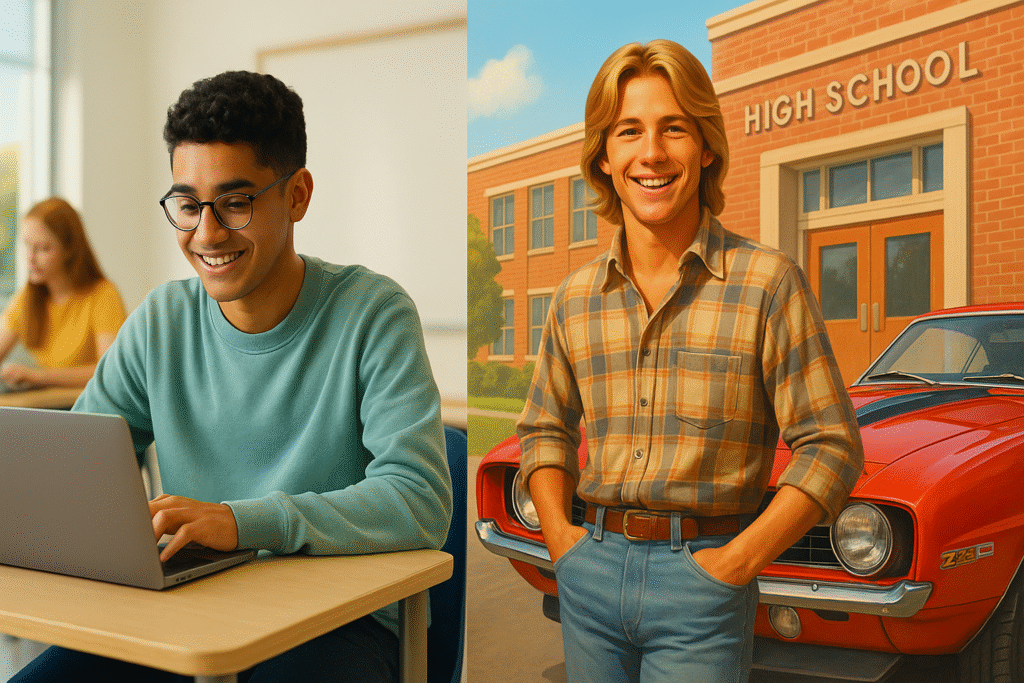 A student in a classroom works on a laptop smiling while another student stands confidently outside a high school next to a vintage red car | edCircuit A student in a classroom works on a laptop smiling while another student stands confidently outside a high school next to a vintage red car