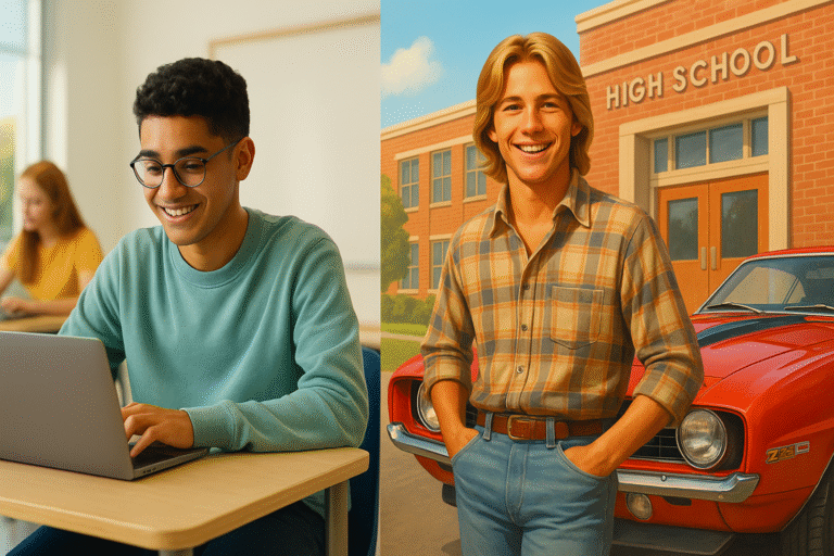 A student in a classroom works on a laptop, smiling, while another student stands confidently outside a high school next to a vintage red car.
