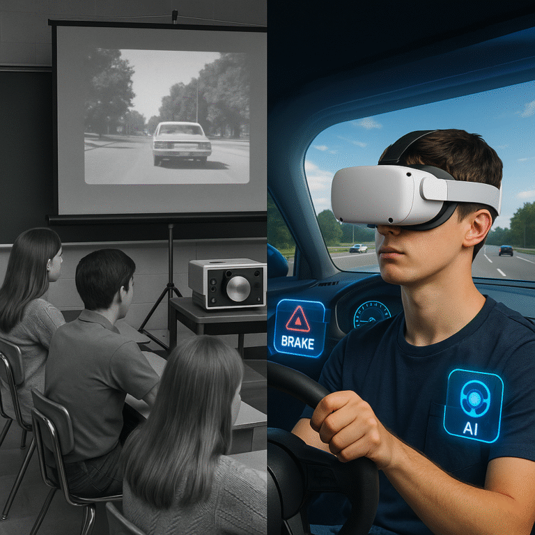 Split image: students watch an old driver’s ed film; a young man drives a simulator wearing a VR headset