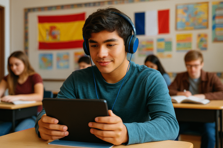 A teenage boy in blue headphones uses a tablet in a classroom, with Spanish and French flags on the wall behind him