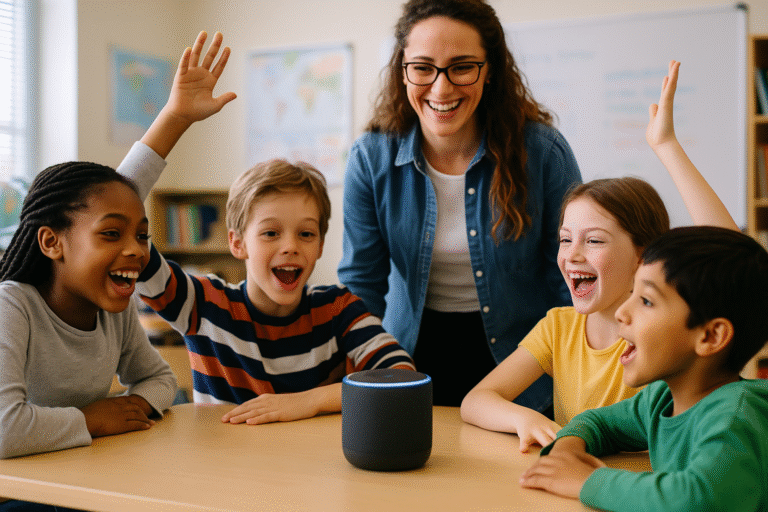 A diverse group of excited children sit around a table with their hands raised, interacting with a smart speaker, while a smiling teacher stands behind them in a classroom setting.