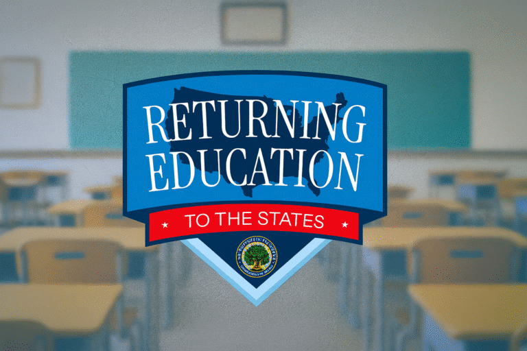 A graphic in front of a blurred classroom reads Returning Education to the States with a map of the US and a government seal at the bottom