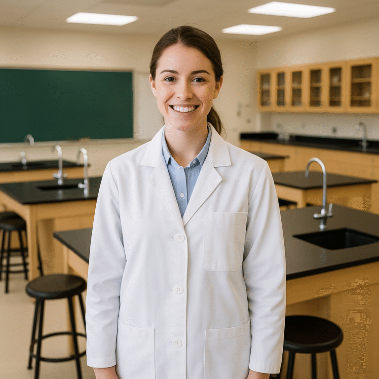 A woman in a white lab coat smiles while standing in a modern science classroom with lab tables, sinks, stools, and a chalkboard in the background.
