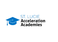 Logo for St Lucie Acceleration Academies featuring a blue graduation cap icon to the left of the text ST LUCIE Acceleration Academies on a white background