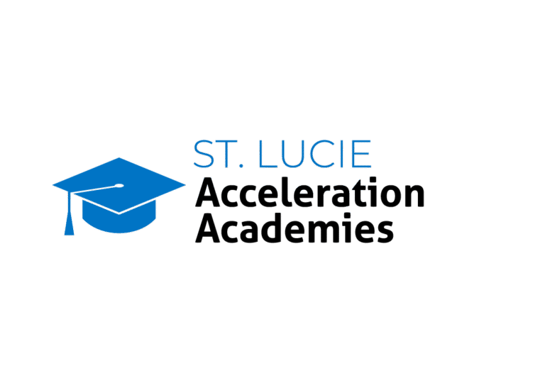 Logo for St Lucie Acceleration Academies featuring a blue graduation cap icon to the left of the text ST LUCIE Acceleration Academies on a white background
