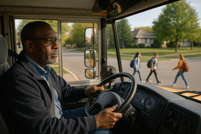 A bus driver sits behind the wheel of a school bus, attentively watching three students with backpacks crossing the street on a sunny day in a suburban neighborhood.