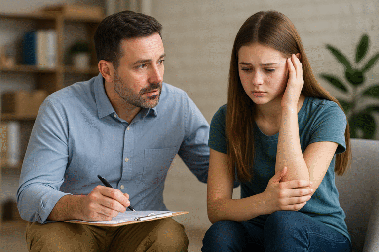 A man with a clipboard comforts a sad teenage girl, who looks distressed and holds her head. The scene appears to be a counseling or therapy session in a cozy indoor setting.