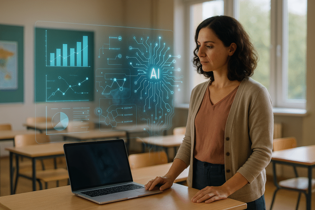 A woman stands in a classroom looking at a laptop with digital graphics of charts and an AI symbol projected above the computer suggesting the use of artificial intelligence in education or data analysis