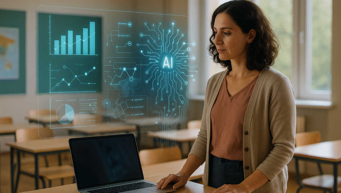 A woman stands in a classroom looking at a laptop, with digital graphics of charts and an AI symbol projected above the computer, suggesting the use of artificial intelligence in education or data analysis.