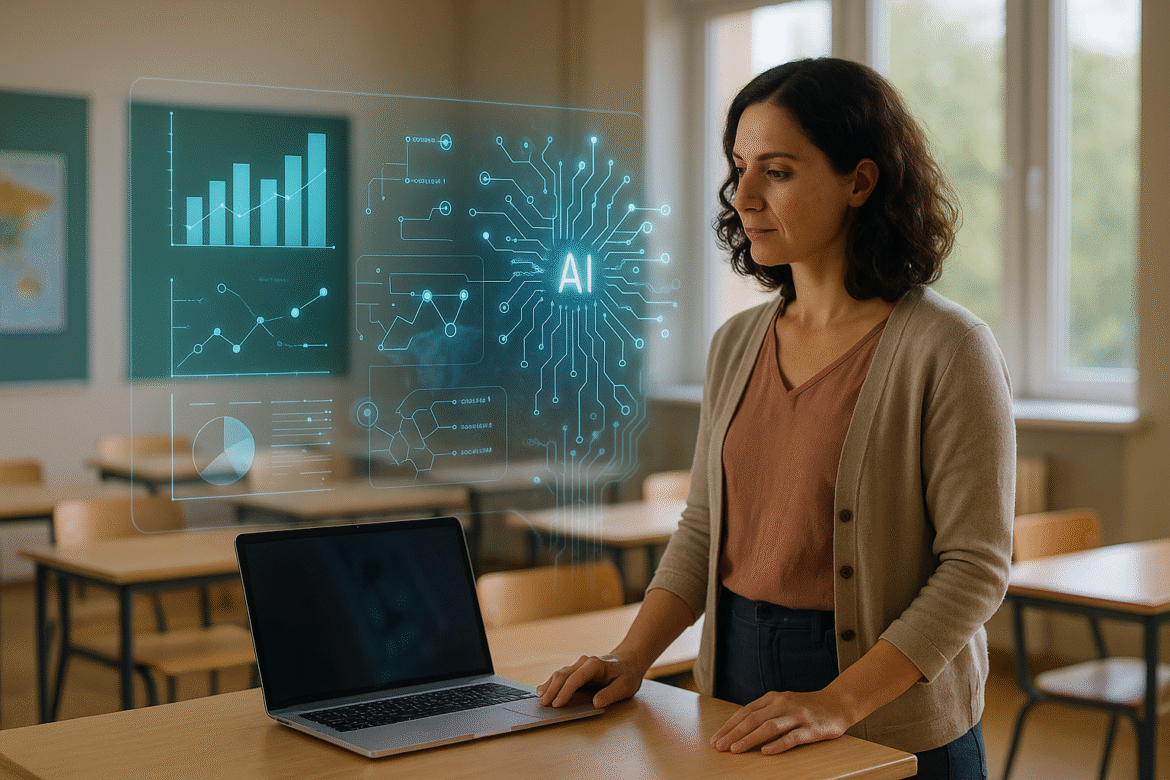 A woman stands in a classroom looking at a laptop, with digital graphics of charts and an AI symbol projected above the computer, suggesting the use of artificial intelligence in education or data analysis.