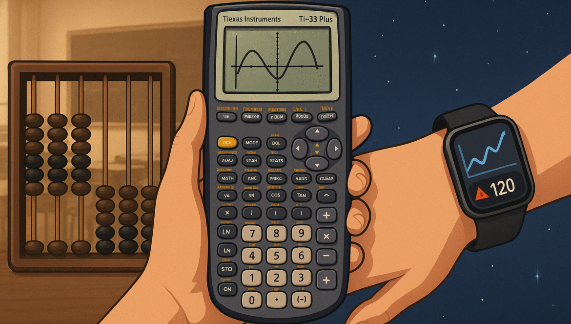 A hand holds an abacus in the background, another hand holds a graphing calculator showing graphs, and a wrist with a smartwatch displays a line graph and the number 120, set against day and night backgrounds.