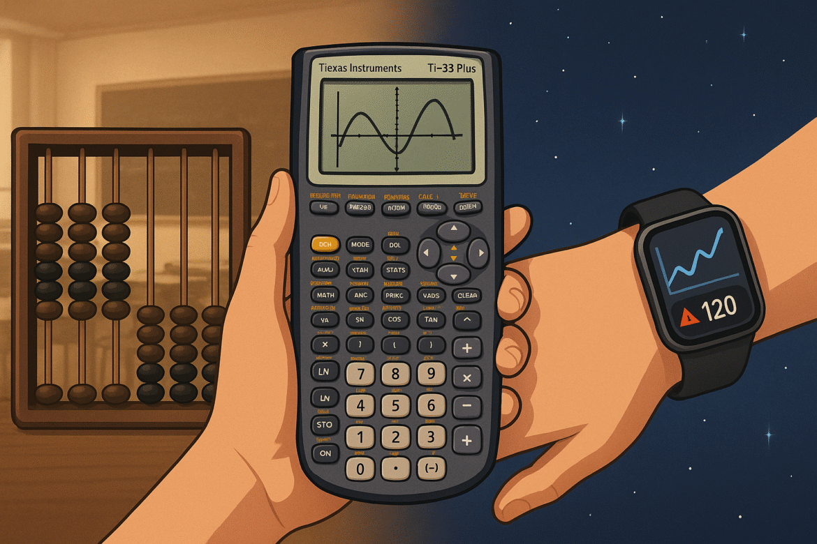 A hand holds an abacus in the background, another hand holds a graphing calculator showing graphs, and a wrist with a smartwatch displays a line graph and the number 120, set against day and night backgrounds.