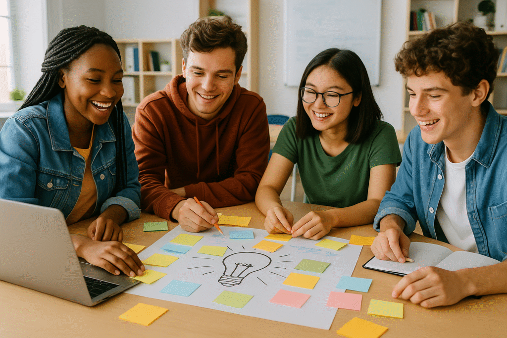 Four young adults sit around a table covered with colorful sticky notes and a large paper with a lightbulb drawing smiling and collaborating in a bright modern room with a laptop and notebooks