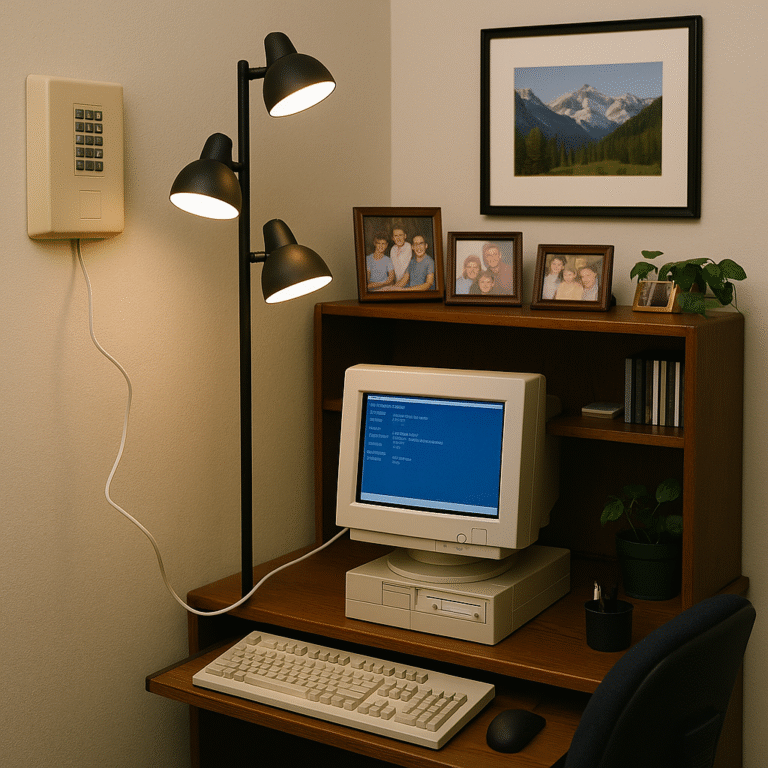 A vintage computer with a CRT monitor on a wooden desk, surrounded by framed family photos, a potted plant, and a lamp. A keypad is mounted on the wall, and a scenic mountain photo hangs above.