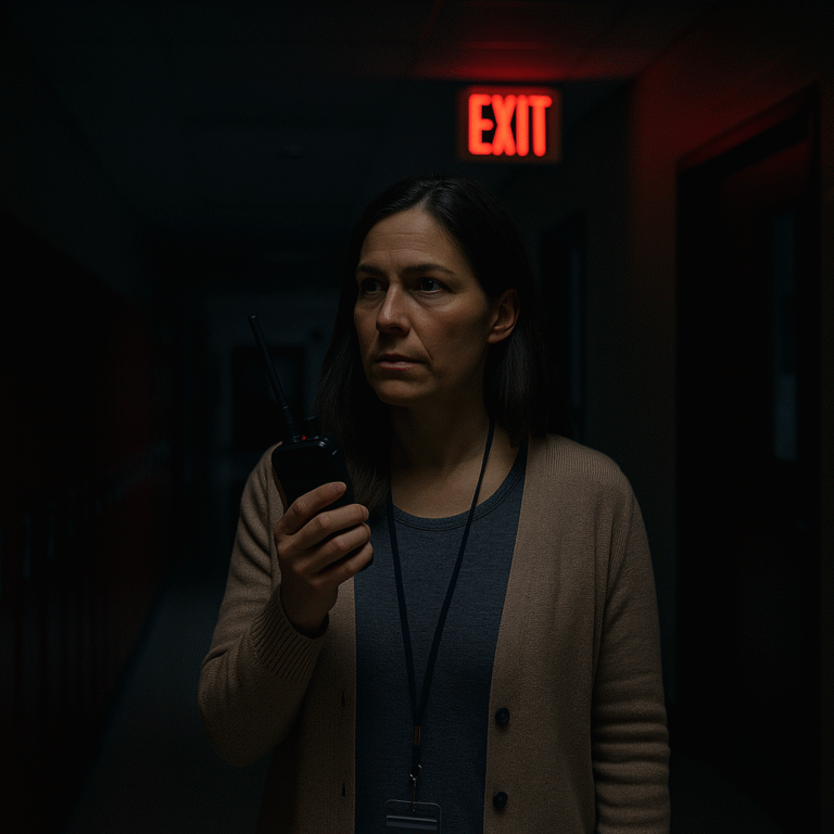 A woman in a beige cardigan holds a walkie-talkie and stands in a dimly lit hallway with a red illuminated EXIT sign above her. She looks alert and concerned.
