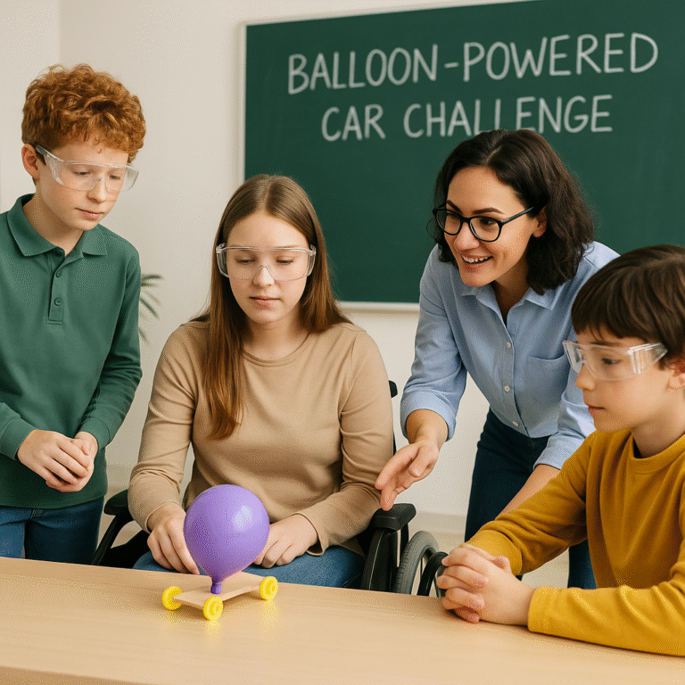 A teacher and three students wearing safety goggles watch a small balloon-powered car on a desk. A chalkboard behind them reads “Balloon-Powered Car Challenge.” The students look engaged and curious.