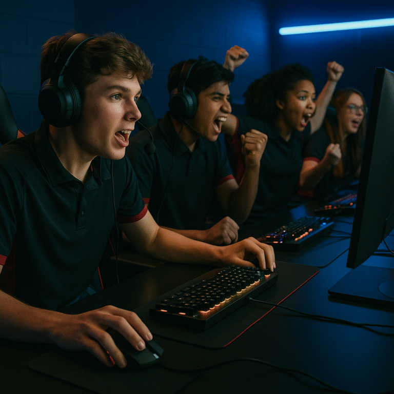 A group of focused young gamers wearing headsets sit at computers, cheering enthusiastically as they play together in a dark room with blue lighting.