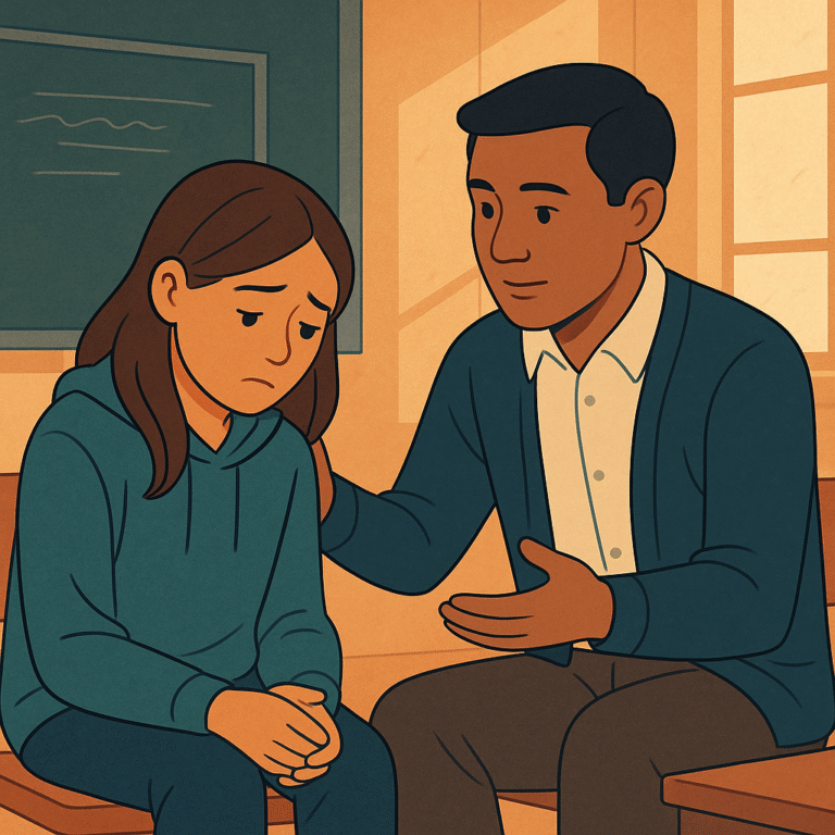 A man sits beside a sad young girl in a classroom, gently reassuring her with a hand on her shoulder while speaking calmly.