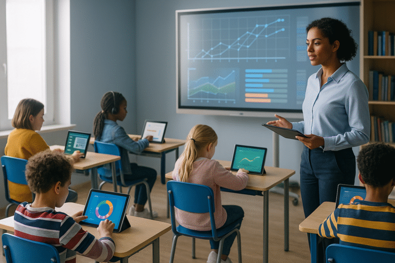 A teacher stands in front of a classroom of young students using tablets, while digital charts and graphs are displayed on a large screen behind her. The students are seated at desks and focused on their devices.
