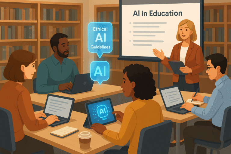 Five educators with laptops around a table while a presenter stands by a screen reading AI in Education