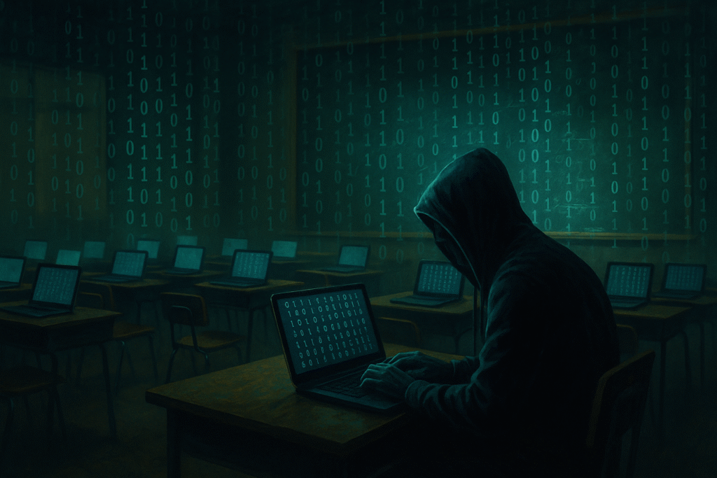A person in a dark hoodie sits at a desk in a dimly lit classroom typing on a laptop with binary code on the screen Binary numbers are projected across the rooms walls and empty desks | edCircuit A person in a dark hoodie sits at a desk in a dimly lit classroom typing on a laptop with binary code on the screen Binary numbers are projected across the rooms walls and empty desks