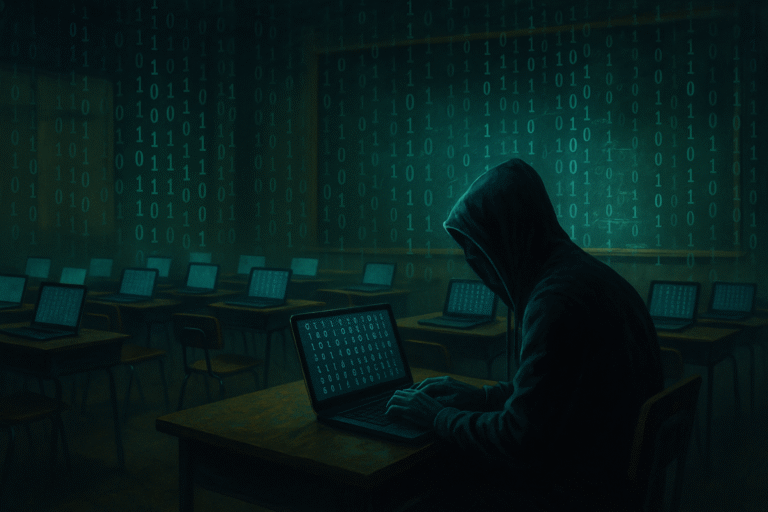 A person in a dark hoodie sits at a desk in a dimly lit classroom, typing on a laptop with binary code on the screen. Binary numbers are projected across the room’s walls and empty desks.